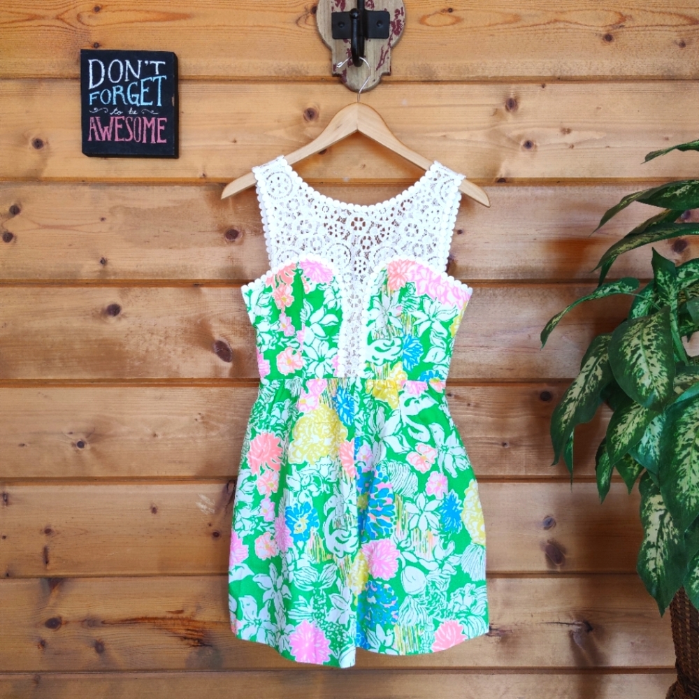 Lilly Pulitzer 💜 Raegan Fit and Flare Lace Trim Dress Floral Hibiscus Stroll 0